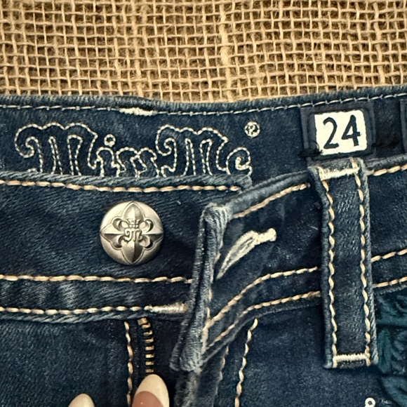 Miss Me Distressed Blue Jean Shorts with Embellished Pockets - Picture 3 of 9